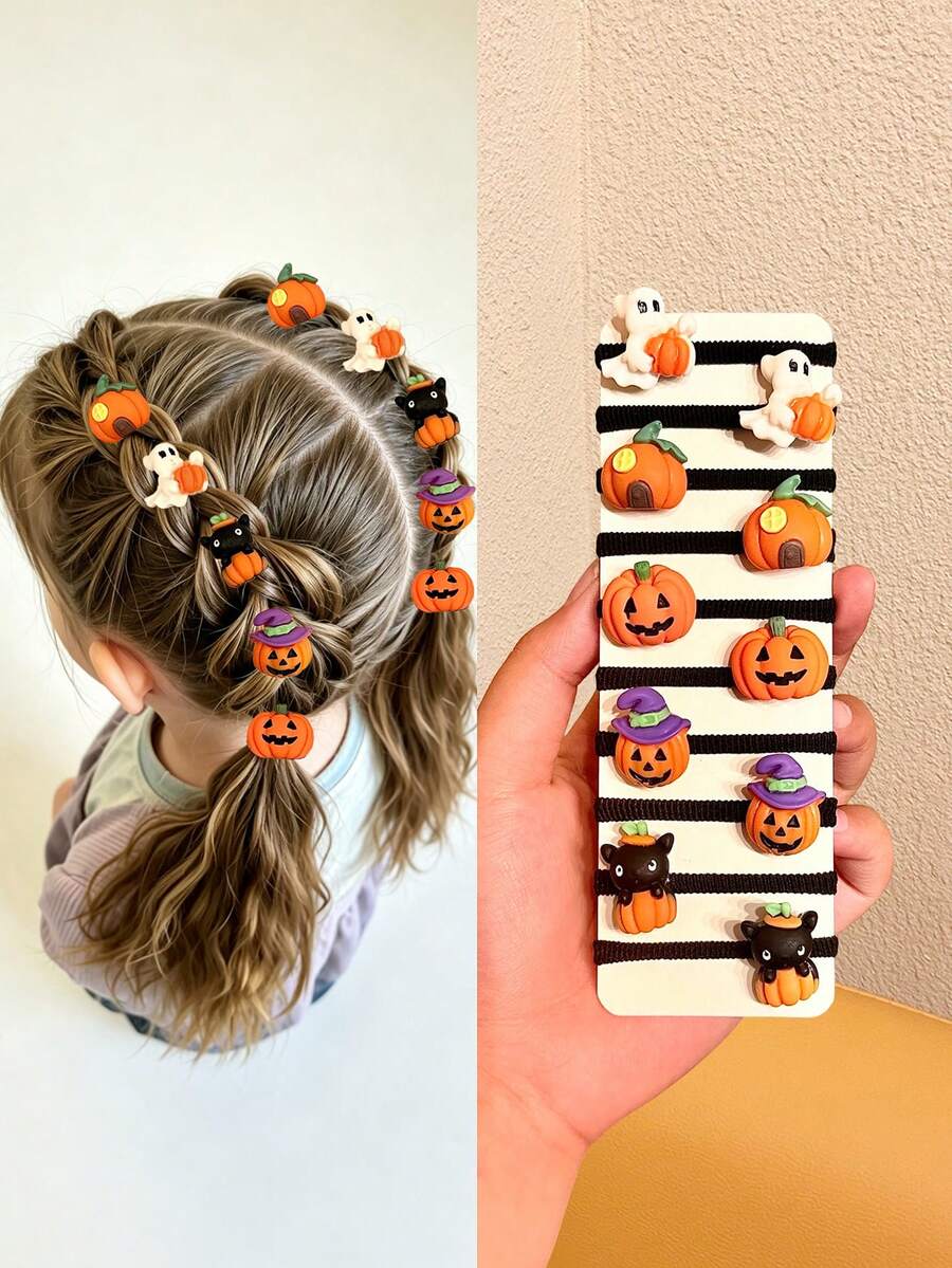 10/21/31pcs Random Assorted Halloween 3D Cartoon Hair Ties For Girls, Funny Cute Versatile Hair Accessories For Daily Wear, Holiday, Party, School, Casual - Multicolor - View 1