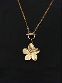 1pc Minimalist Natural Style Stainless Steel Gold-Plated Flower Pendant Necklace, Unisex, Daily Wear, Holiday Wear, Niche Luxury, Versatile - Yellow Gold - View 6