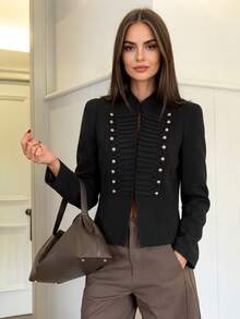 Women's Black Stand Collar Cropped Jacket, Double-Breasted Knit Contrast Design, Slimming Waist, Sexy Style - Black - View 4