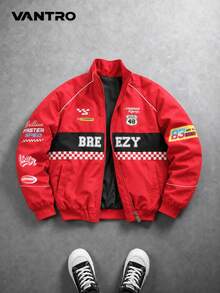 Men's Red & Black Colorblock F1 Racing Style Stand Collar Jacket, Multi-Print Loose Fit Vintage Motorcycle Casual Jacket, Spring/Autumn - Red - View 1