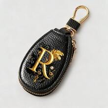 Litchi Pattern Key Bag -Black Gold Letters A-Z Car Key Protection Cover,PU Key Storage Clip,Zipper Bag,Car Key Storage Device,Car Keychain,Unisex Gift - Multicolor - View 54