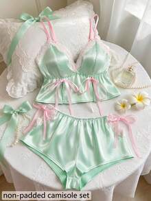 2pcs Women's Pajama Set, Adjustable Strap Deep V-Neck Top With Bow Decor, Lace Hollow Design Waist Shorts, Comfortable Loungewear - Green - View 8