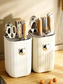 1/8pcs Multifunctional Kitchen Knife Block Holder, Plastic Vertical Striped Utensil Organizer For Knives Scissors Spoons, Countertop Cutlery Storage Rack With Drainage For Kitchen Counter - Multicolor - View 4