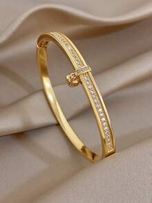 1pc Elegant Hollow Heart Series Bangle Bracelet For Women Luxury Zirconia Golden Copper Bangle For Daily Party Valentine Birthday Christmas Jewelry Gift - Multicolor - View 10