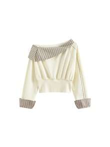 Design Contrast Color Striped Patchwork Asymmetrical Shoulder Long Sleeve Sweatshirt Women's Autumn Slim Fit Flattering Versatile Top - Beige - View 7