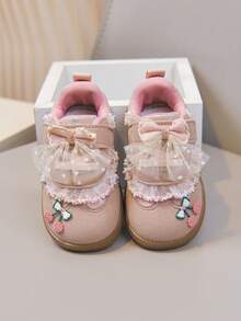 Girls Style First Walker Shoes, Lace Mesh Large Bow Soft Sole Hook And Loop Baby Shoes - Pink - View 2
