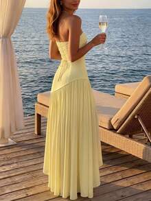 Women's Elegant Sleeveless Strapless Long Cocktail Dress, Slit Design, Medium Stretch Knit Fabric Yellow Wedding Party Fall - Yellow - View 2