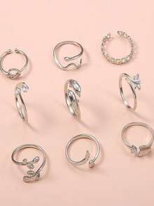 9 Pcs Adjustable Foot Ring Set Snake Butterfly Dragonfly Dolphin Heart Leaf Etc Shape Foot Ring Set For Women Girls - Silver - View 4