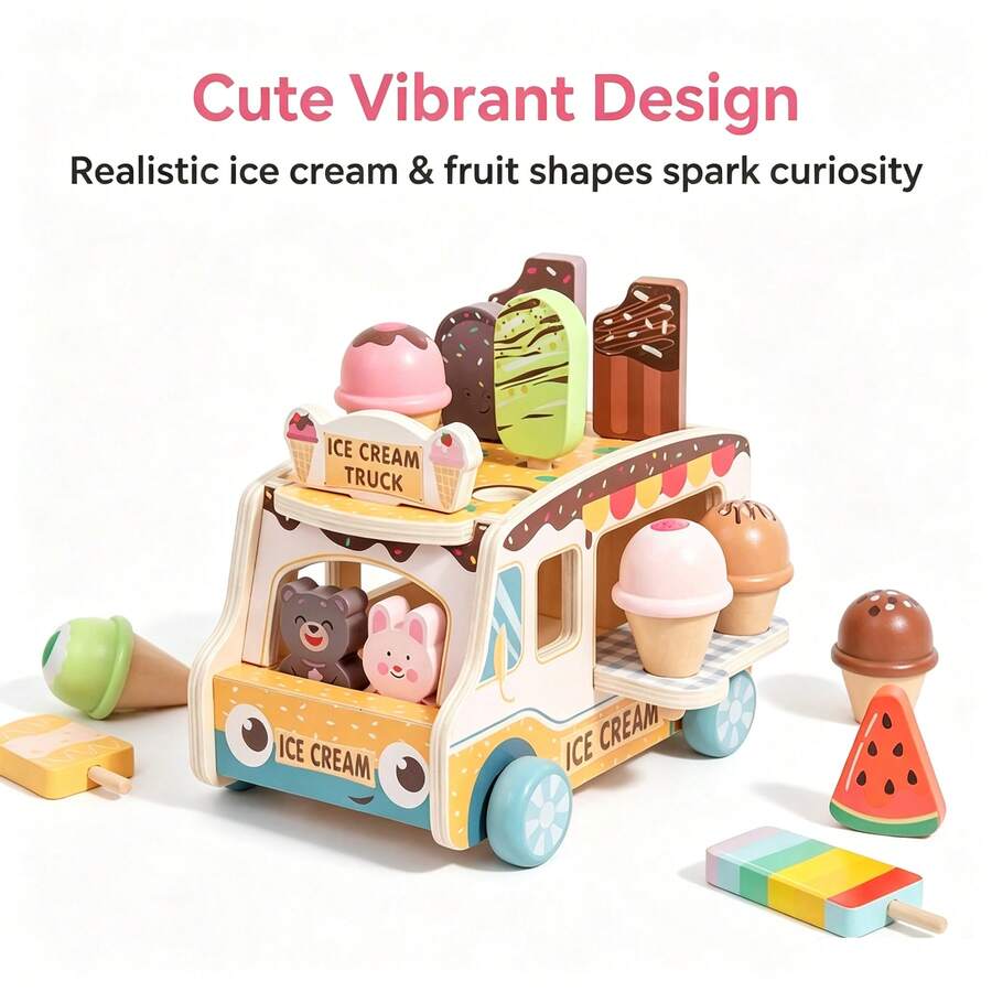Wooden Ice Cream Cart Role Play Toy, Colorful Mobile Dessert Cart Set, 3+ Years Old Children Role Play Props, Complete Ice Cream And Popsicle Accessories Pack, Interactive Simulation Game, Suitable For Sweet Summer Theme Indoor And Outdoor Play Activities