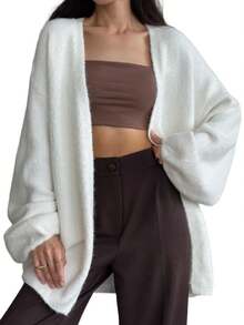Damen Strickcardigan mit V‑Ausschnitt, weicher flauschiger Strickstoff, lange Ballonärmel, offene Front lässige Strickjacke für Alltag - Weiss - Übersicht 3