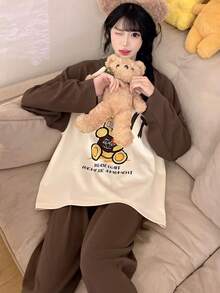 2pcs/Set Women's Pajamas Loungewear, Cute Bear Print Fashion Pullover Round Neck Long Sleeve Cropped Pants Set, Easy Care Fabric - Brown - View 6