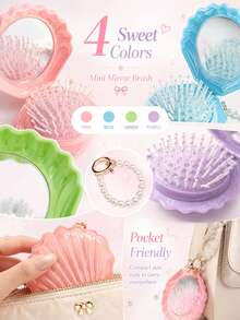 Set Cermin dan Sisir Lipat Portabel 2-in-1 Berbentuk Cangkang, Cermin Rias Mini dengan Liontin Mutiara, Aksesori Kecantikan Perjalanan yang Lucu, Cocok untuk Hadiah Natal, Souvenir, Perlengkapan Perjalanan, Kualitas Terjangkau - MultiWarna - View 3