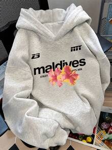 1pc Tween Girls Floral Maldives Letter Sweatshirt, Sweet Gentle Pink Pullover Top, Casual Loose Long Sleeve Sweatshirt For Spring And Autumn, Versatile For Outings - Grey - View 1