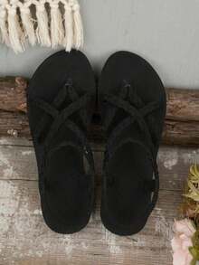 Bohemian Woven Women Casual Slip-On Flat Sandals, Minimalist European And American Style For Home, Party, Beach, Non-Slip Sole, Comfortable Wear - Black Upgraded Version - View 6