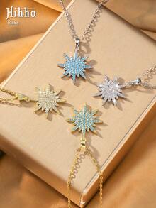 Hihho 1pc Bohemian 8-Pointed Star Necklace With Sparkling Zirconia Pendant, Layered Neck Chain For Women - Sun Star Radiance - View 1
