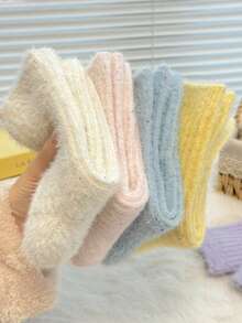 5 Pairs Thickened Polka Dot Mesh Socks, Autumn/Winter Warm Home Floor Loose-Top Mid-Calf Maternity Socks - Multicolor - View 5
