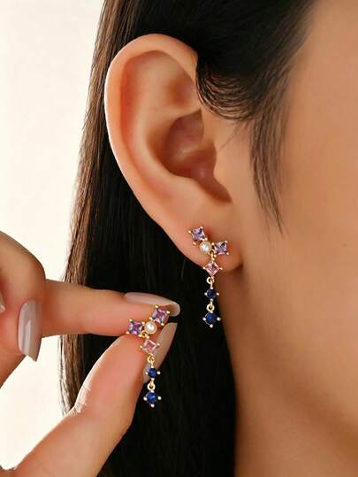 1 Pair Copper Alloy Vintage Contrast Color Multicolor Square Zirconia Pearl Tassel Stud Earrings For Women, Luxury Elegant Colorful Zirconia Long Drop Earrings