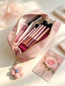 1pc Large Capacity Corduroy Makeup Bag, Floral Charm Minimalist Solid Color Pencil Case, Student Stationery Storage Essential, Multi-Functional Travel Organizer, Y2K Fashion Travel Cosmetic Bag - View 8