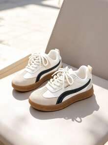 Sepatu Sneakers Latihan Anak-Anak Gaya Retro Colorblock Jerman, Sepatu Kasual Bertali dengan Sol Karet Anti Selip Motif Patchwork untuk Anak Laki-Laki dan Perempuan - Putih - View 3