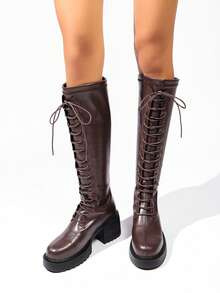 Vintage Lace-Up High-Top Boots, Thick Sole Chunky Heel Stable Height Increase, Adjustable Lace-Up Fit, Suitable For Daily Commute, Street Photography, Travel Outfits, Autumn/Winter Women's Riding Boots - Brown - View 1