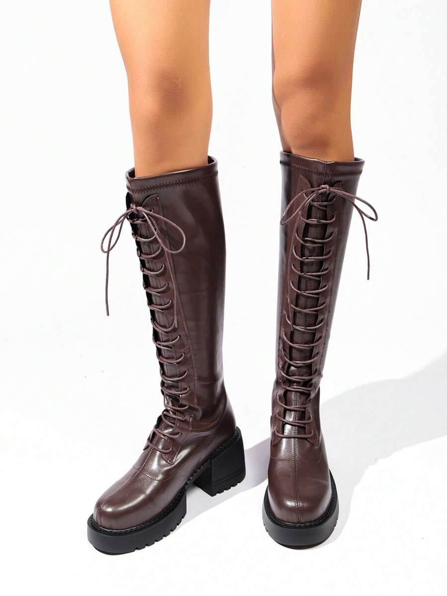 Vintage Lace-Up High-Top Boots, Thick Sole Chunky Heel Stable Height Increase, Adjustable Lace-Up Fit, Suitable For Daily Commute, Street Photography, Travel Outfits, Autumn/Winter Women's Riding Boots - Brown - View 1