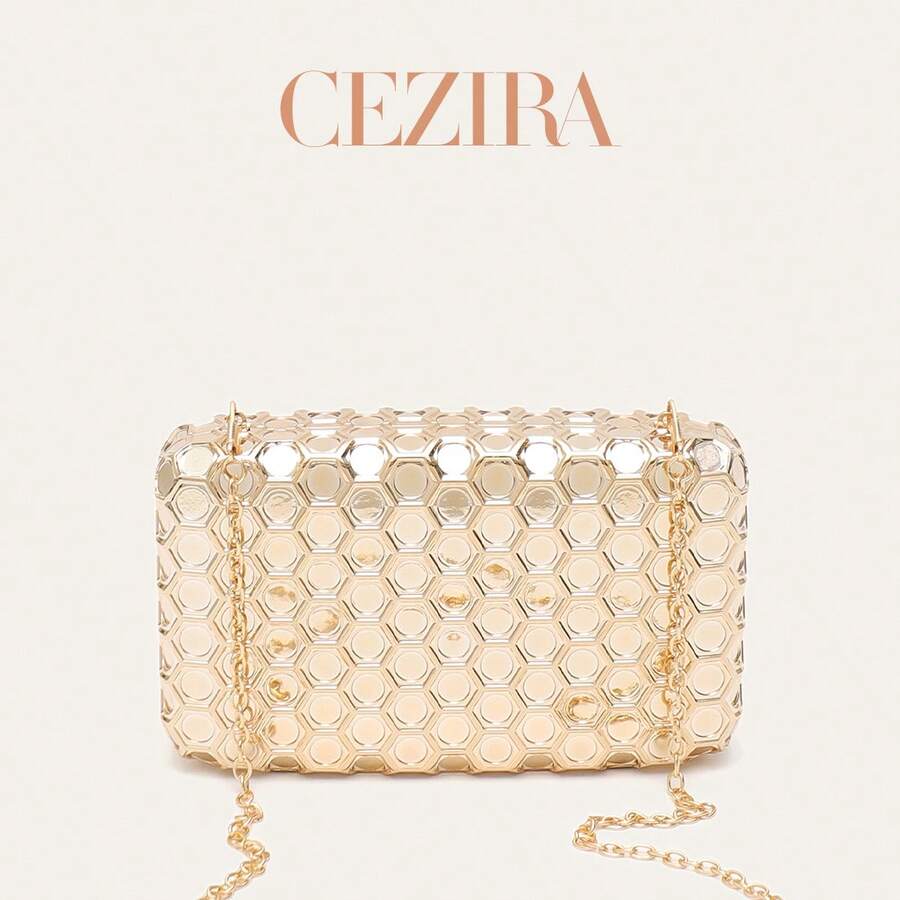 CEZIRA Women's Metal Gold Geometric Honeycomb Pattern ABS Box Clutch Bag, Luxury Designer Crossbody Bag Suitable For Weddings, Banquets, Parties And Dates - Gold - View 1