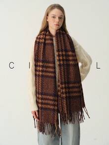 1pc Women's Fashion Versatile Plaid Multicolor Patchwork Polyester Scarf, Warm For Autumn/Winter, Daily Wear - Blue Camel - View 10