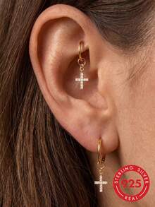 1Pc 925 Silver Earrings Gold Paved Zirconia Cross Charm Pendant Dangle Cross Earring Charm Attachment For Hoop Earrings Jewelry Making DIY Accessory - Gold - View 1