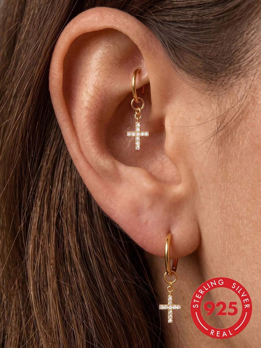 1Pc 925 Silver Earrings Gold Paved Zirconia Cross Charm Pendant Dangle Cross Earring Charm Attachment For Hoop Earrings Jewelry Making DIY Accessory - Gold - View 1