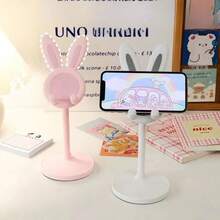 1pc Adjustable Plastic Desktop Phone Stand, Minimalist Modern Pink Long Ear Design, Round Base, Mesh Backrest, Practical Holder For Daily Home And Office Use - Multicolor - View 2