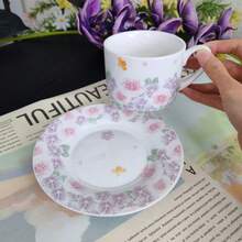 New 250ml Floral Ceramic Coffee Cup And Saucer Set, European Style Afternoon Tea Set, For Home Daily Use And Gifting - Mauve Purple - View 3