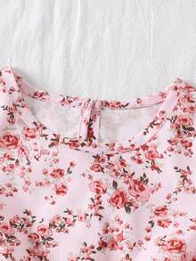 Young Girl Elegant Sweet Cute Gentle Lady Gift Minimalist Pretty Outdoor Street Comfortable Fashion Pink Vintage Exquisite Small Rose Floral Pattern Digital Print Round Neck Elastic Puff Cuff Long Sleeve Ruffle Hem A-Line Princess Dress Suitable For Spring And Autumn - Pink - View 10