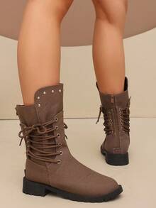 Fashionable Western Boots, Brown Lace-Up Mid-Calf Boots. Rivet Decor Side Zipper Non-Slip Thick Sole Autumn/Winter Workwear Style Casual Women's Boots. Back Zipper Lace-Up Design Motorcycle Boots - Rust Brown - View 5