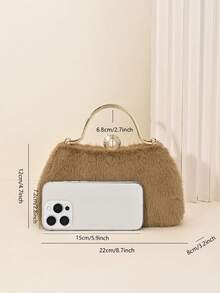 LJDCRFT Women's Fuzzy Evening Clutch, Pearl And Rhinestone Decorated Handbag With Metal Top Handle, Suitable For Parties, Weddings, Balls, And Other Occasions - Camel - View 7