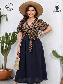 Vestido feminino,Vestidos Elegantes para Mujer talla grande con estampado de leopardo, cuello en V, cintura alta,para vacaciones en la playa, reuniones informales y citas - Marrón - Ver 2