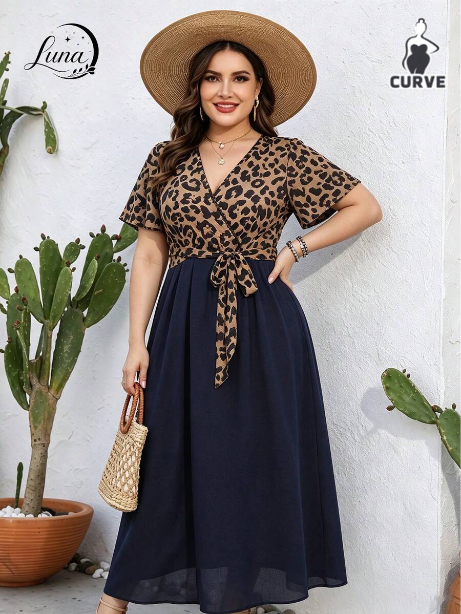 Vestido feminino,Vestidos Elegantes para Mujer talla grande con estampado de leopardo, cuello en V, cintura alta,para vacaciones en la playa, reuniones informales y citas