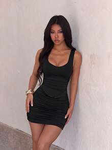 1pc Solid Color Sexy Knit Fabric Sleeveless Dress Beach Summer - Black - View 3