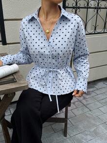 Women's Fashion Elegant Minimalist Commute Retro Colorblock Polka Dot Light Blue Hidden Button Tie Waist Blouse - Light Blue - View 2