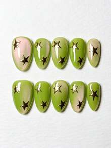 10PCS Almond Press On Nails, Y2K Fresh Lime Green Gradient Cat Eye Fake Nails, Metallic Gold Star Decals Glossy Reusable Handmade Artificial Nail Kit For Women Daily Party - Lime Green - View 1