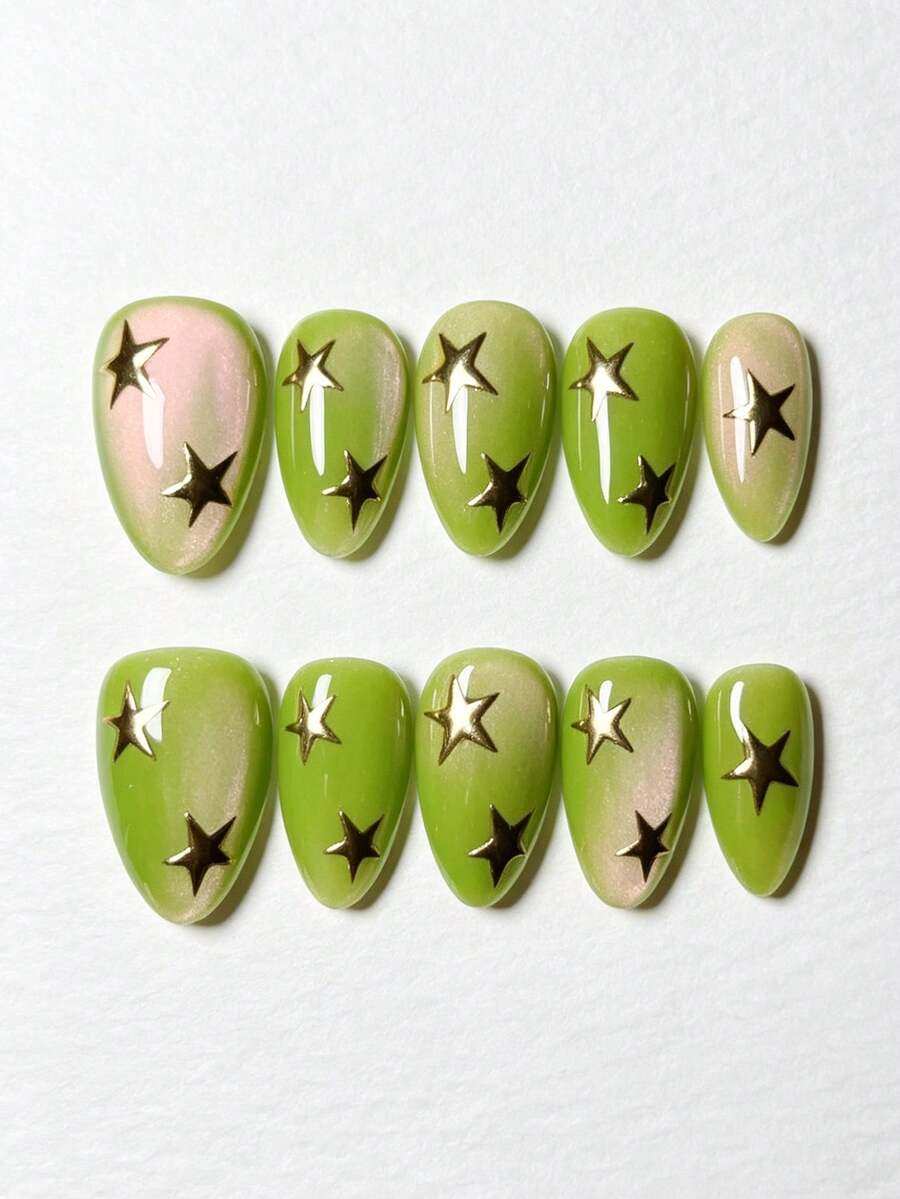 10PCS Almond Press On Nails, Y2K Fresh Lime Green Gradient Cat Eye Fake Nails, Metallic Gold Star Decals Glossy Reusable Handmade Artificial Nail Kit For Women Daily Party - Lime Green - View 1