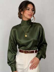 Atasan Wanita Elegan Warna Polos Kerah Tinggi Lengan Panjang Kasual Minimalis untuk Musim Semi/Gugur - Dark Green - View 1