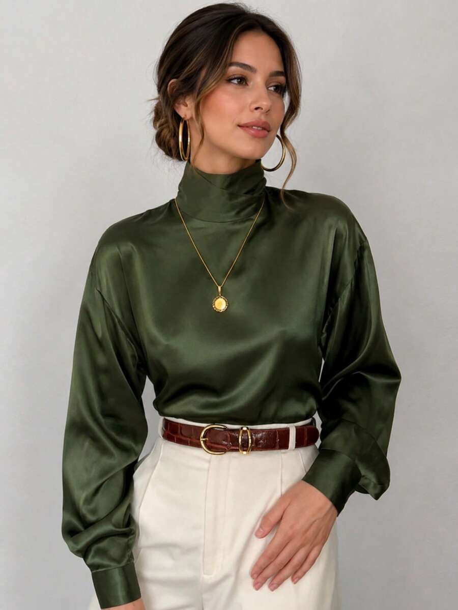 Atasan Wanita Elegan Warna Polos Kerah Tinggi Lengan Panjang Kasual Minimalis untuk Musim Semi/Gugur - Dark Green - View 1