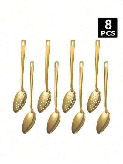 Juego minimalista de cucharas de servir de lujo doradas para la cocina, cucharas sólidas y ranuradas de acero inoxidable pulido espejo, utensilios de catering elegantes para la decoración de mesas de estilo rústico moderno y fiestas.