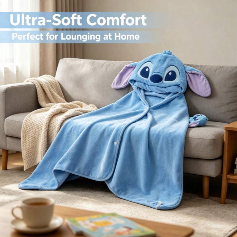 Disney Stitch Adult Hooded Blanket 70*150cm, Featuring A Cute Stitch Cartoon Pattern, Blue Blanket, Soft And Skin-Friendly Polyester Fabric That Is Absorbent And Suitable For Various Occasions Such As Naps, Wrapping, And Bathrobes. - Multicolor - View 1