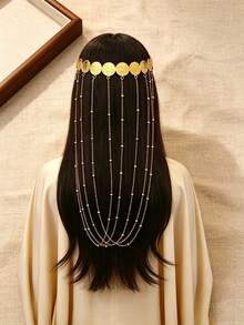 1Pc Vintage Gold Multi‑Layer Tassel Headband, Embossed Coin Bead Long Dangle Chain Hair Ornament For Wedding Banquet - Gold - View 1