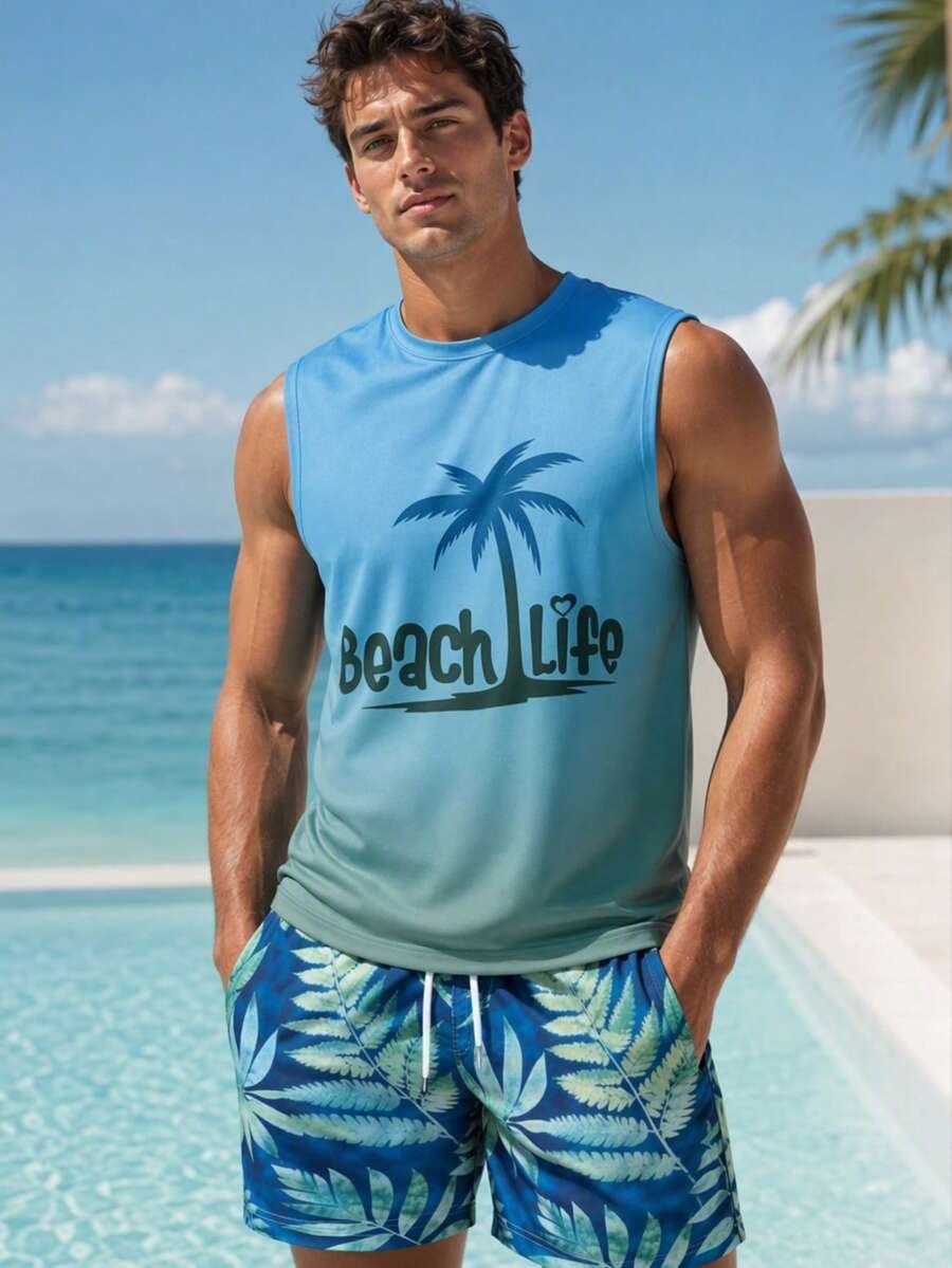 Men's Ombre Palm Tree Print Sleeveless Tank Top And Shorts Set, Suitable For Summer Vacation And Daily Wear - Multicolor - View 1