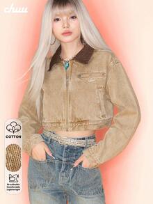 CHUU Women's Collared Zip-Up Jacket, Autumn Casual Versatile Youthful Sweet Cool Crop Top - Coffee Brown - View 2