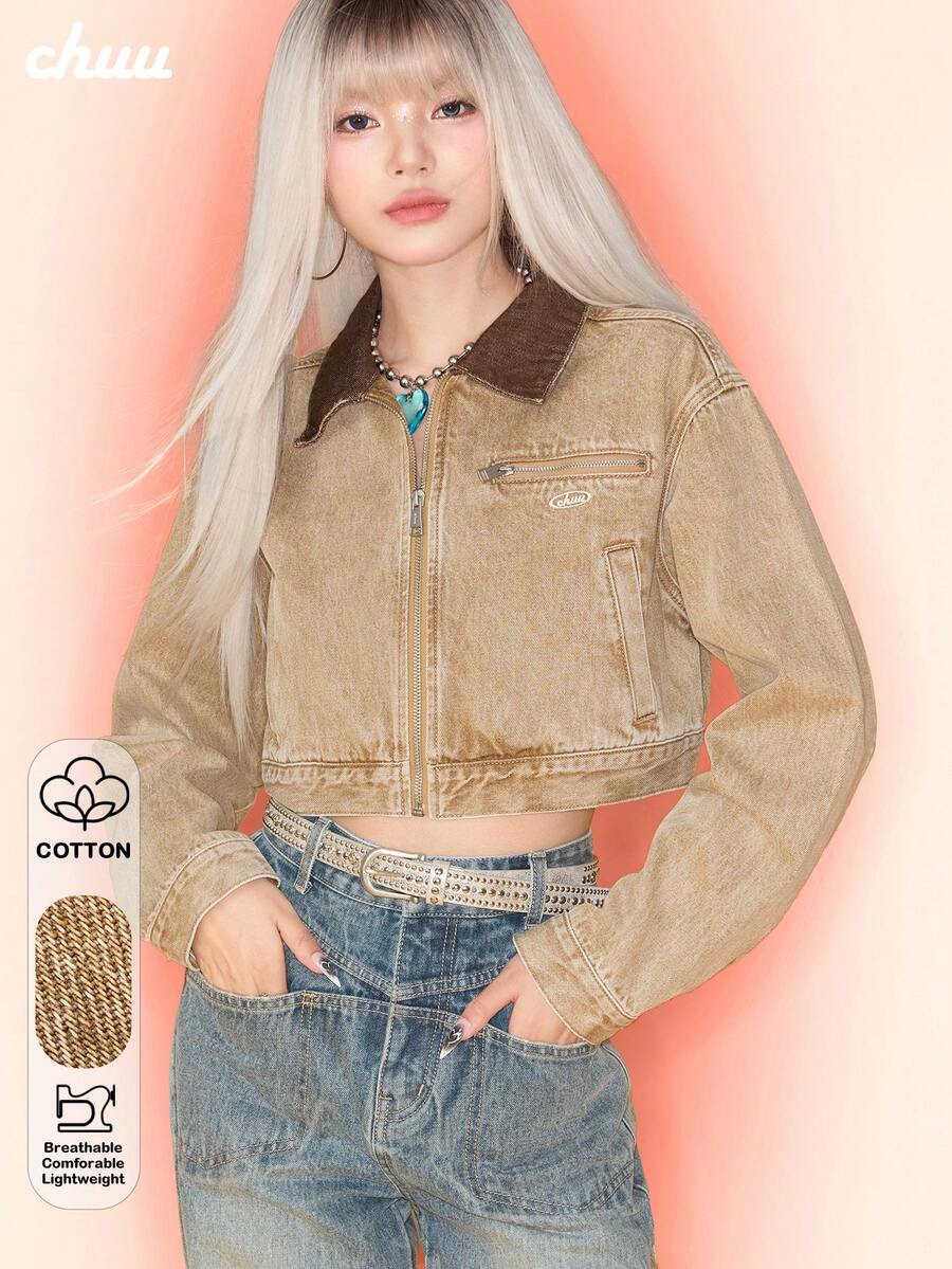 Jaket Berkerah Resleting CHUU untuk Wanita, Atasan Pendek Kasual Serbaguna untuk Musim Gugur, Awet, Manis, dan Keren - Coffee Brown - View 1