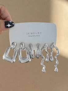 6-18pcs/Set Heart, Water Drop, Asymmetrical Wave, Geometric Polygon, Triangle Multiple Styles Earring Set, Women's Fashion Silver Earring Set, Elegant And Versatile, Suitable For Party, Travel, Gift, Engagement And Other Occasions - Silver - View 4