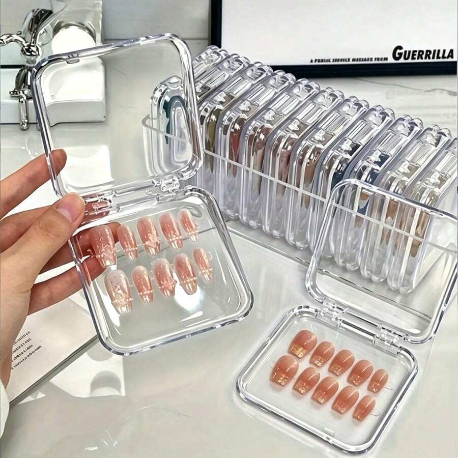 5pcs/10pcs/16pcs Creative Nail Art Storage Box, Transparent Acrylic Dust-Proof Packaging, Suitable For Finished Nail Art Styles, Dedicated Nail Art Sticker Storage Display Box, Transparent Jewelry Storage Box, Small Card Storage Box - Transparent - View 1